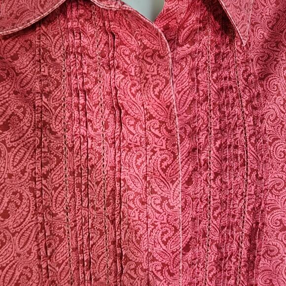 LL Bean Womens Wrinkle Resist Pleated Shirt XL Petite Paisley Hidden Button Pink - Picture 7 of 13